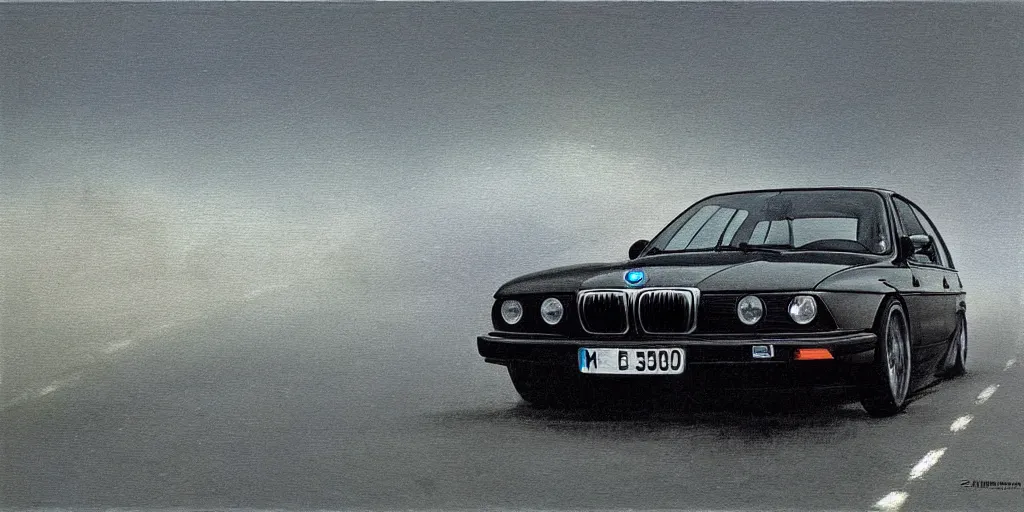 Image similar to bmw e 3 5 in full speed in a empty street, mad max kieth thomsen, zdzislaw beksinski