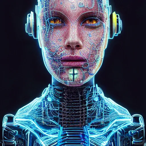 Image similar to a beautiful portrait of a young bionic male cyborg, cyberpunk, intricate wiring, electronic components, augmented vision, volumetric light, photography, color, intricate, extremely detailed, hyperrealistic, color pencil drawing, trending on artstation