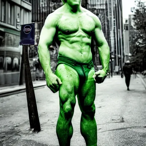 Image similar to a friendly green-skinned half-orc in the city, casual clothing, today's featured fantasy photography