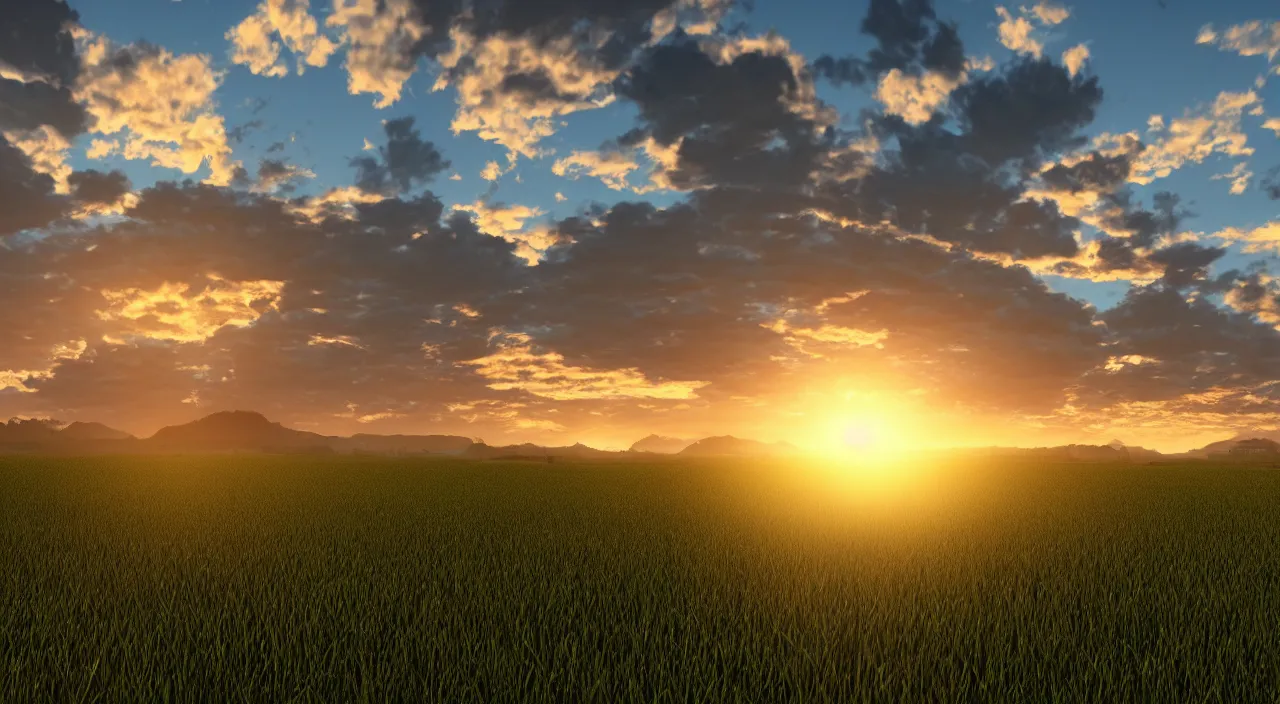 Image similar to highly detailed solarpanel field at sunset, unreal engine, global illumination, god rays, detailed and intricate environment