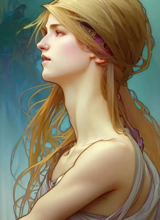 Prompt: digital character concept art by artgerm and greg rutkowski and alphonse mucha. clear portrait of a young wife blessed by god to uncontrollably become overwhelmingly perfect!! blonde, casually clothed! obviously feminine holy body!! light effect. hyper detailed, glowing lights!! intricate, elegant, digital painting, artstation, smooth, sharp focus