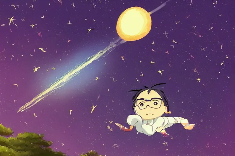 Image similar to a shooting star alone in the sky of an unknown universe in the style of hayao miyazaki