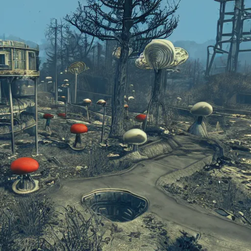 Image similar to mushroom kingdom from the super mario franchise in ruins post - nuclear war in fallout 4, in game screenshot