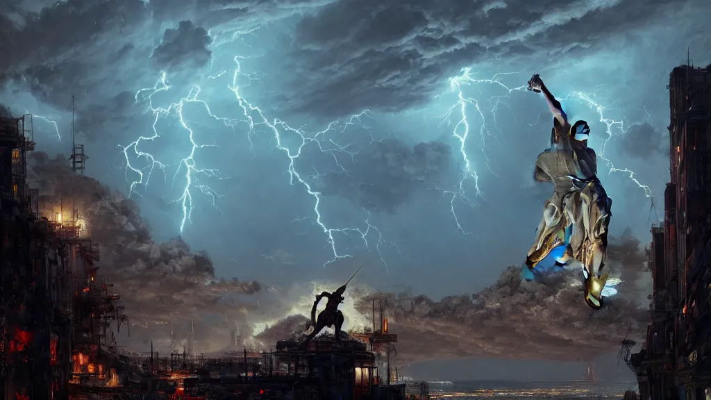 Image similar to the colossus of rhodes collapsing during a thunderstorm ,Wadim Kashin, artgerm, XF IQ4, f/1.4, ISO 200, 1/160s, 8K, RAW, featured in artstation, octane render, cinematic, elegant, intricate, 8k