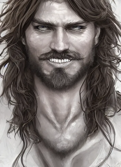 Prompt: portrait of a young ruggedly handsome but joyful pirate, male, masculine, full body, red hair, long hair, d & d, fantasy, intricate, elegant, highly detailed, digital painting, artstation, concept art, matte, sharp focus, illustration, art by artgerm
