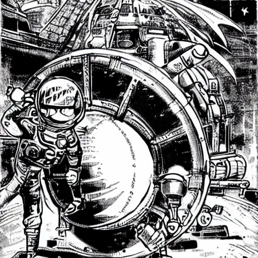 Image similar to Moon landing, Steampunk, by Yusuke Murata