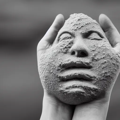 Image similar to hands holding a face made of sand vanishing, photorrealistic, 8 k