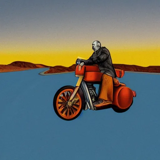 Image similar to a picture of vladimir lenin riding a motorbike, desert road, blue skies, realistic