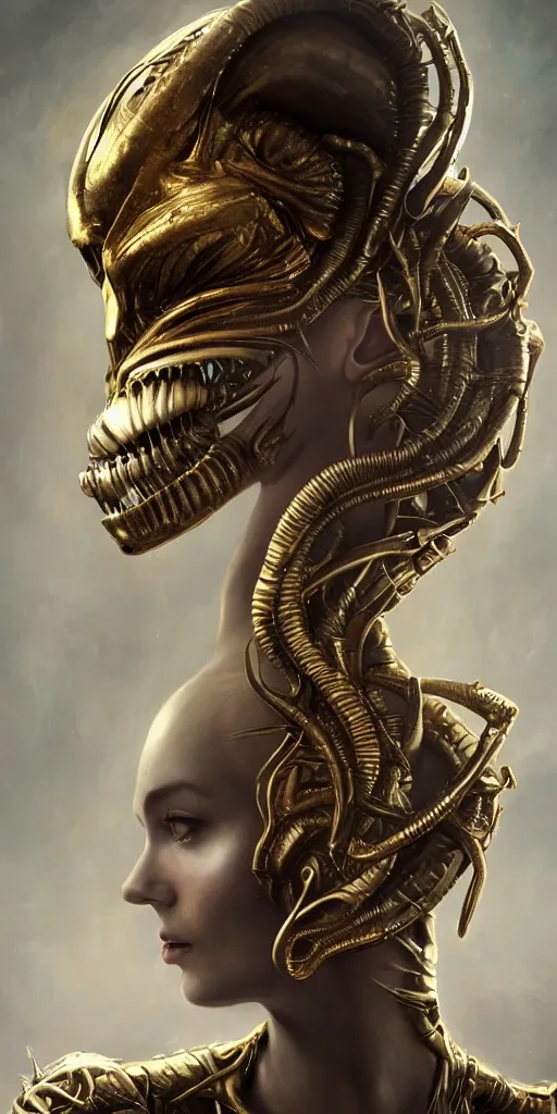 Image similar to realistic character concept, alien queen with lots of jewelry in the face, elegant pose, scifi, illustration, slender symmetrical face and body, artstation, cinematic lighting, hyperdetailed, cgsociety, 8 k, high resolution, charlie bowater, tom bagshaw, single face, insanely detailed and intricate, beautiful, elegant, golden ratio, dark fractal background, vfx, postprocessing