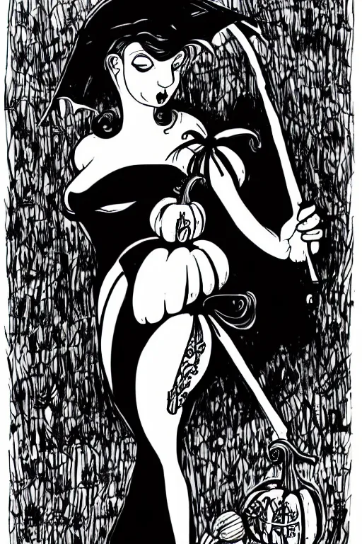 Image similar to black and white ink drawing of a beautiful curvy woman in short gothic skirt holding an umbrella next to a pumpkin by tim burton and edward gory