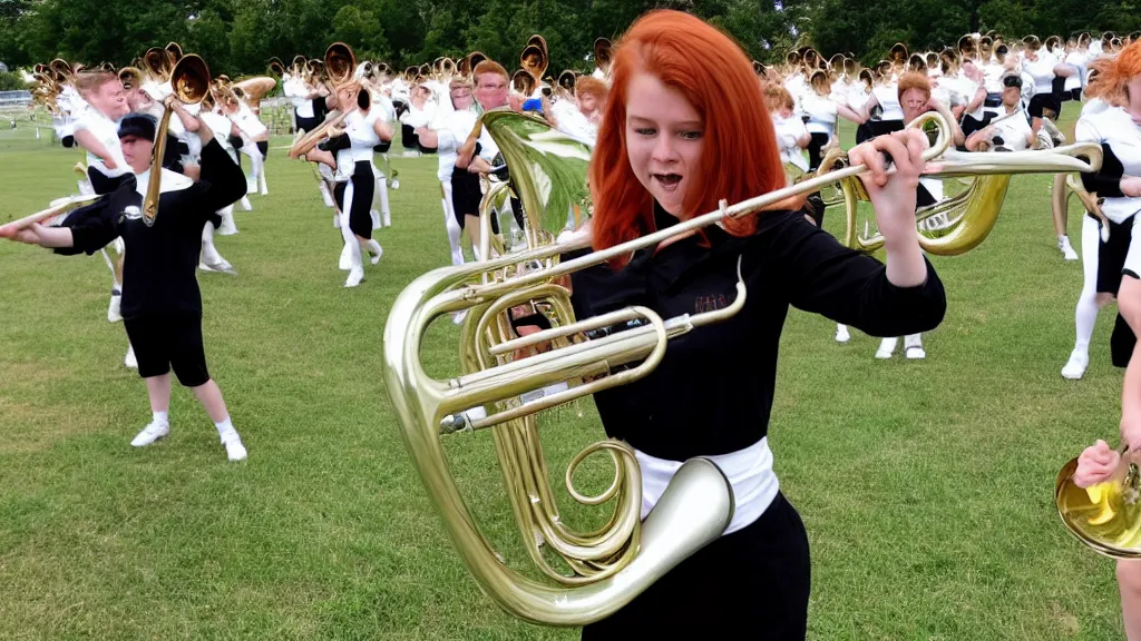 Prompt: teen redhead fiery playing trombone in marching band