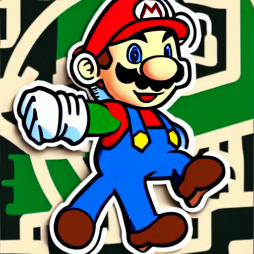 Image similar to a Supermario-Waluigi, svg sticker, vector art, wearing headphones, jamming to music