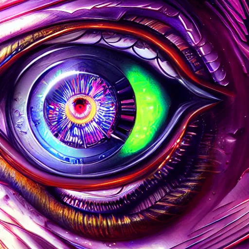 Prompt: Cybernetic Eye with intricate reflections, colorful, fantasy, vivid colors, concept art, sharp focus, digital art, Hyper-realistic, 4K, Unreal Engine, Highly Detailed, HD, Dramatic Lighting by Brom, trending on Artstation