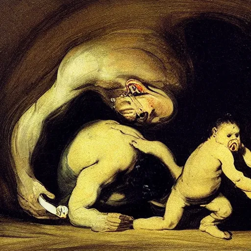 Prompt: saturn devouring his son by goya