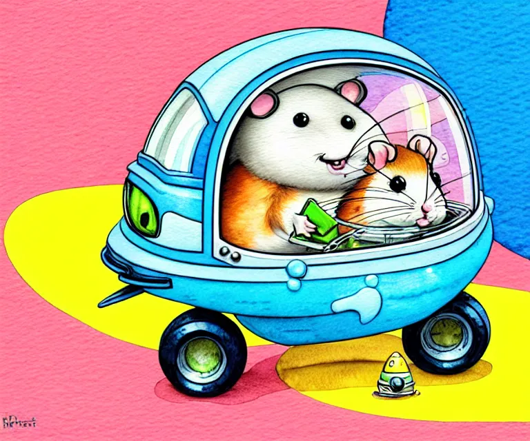 Image similar to cute and funny, hamster wearing a helmet riding in a tiny rocket ship, ratfink style by ed roth, centered award winning watercolor pen illustration, isometric illustration by chihiro iwasaki, edited by range murata, tiny details by artgerm and watercolor girl, symmetrically isometrically centered, focused