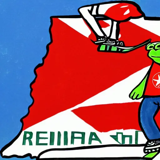 Image similar to pepe the frog jumping on a snowboard, socialist realism, north korea propaganda style