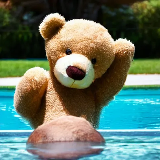 Prompt: teddy bear playing in a pool