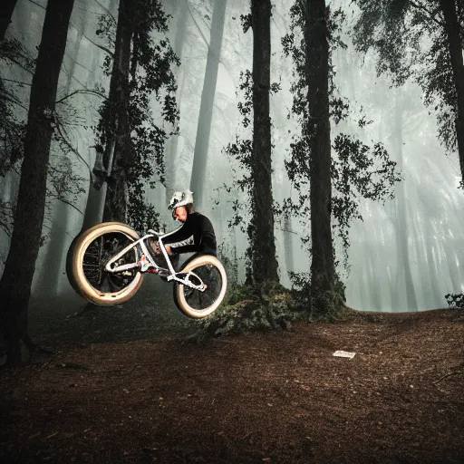 Prompt: a pro bmx biker doing tricks in a haunted forest filled with twisting old trees, vines, fog and creepy lighting