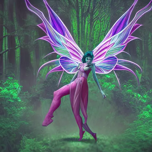 Prompt: a cosmic fairy dragon in a dark dreary woodland overgrowth high detail 4 k high frequency noise symmetric contrast asymptotic color curves parabolic integration of linear to gamma
