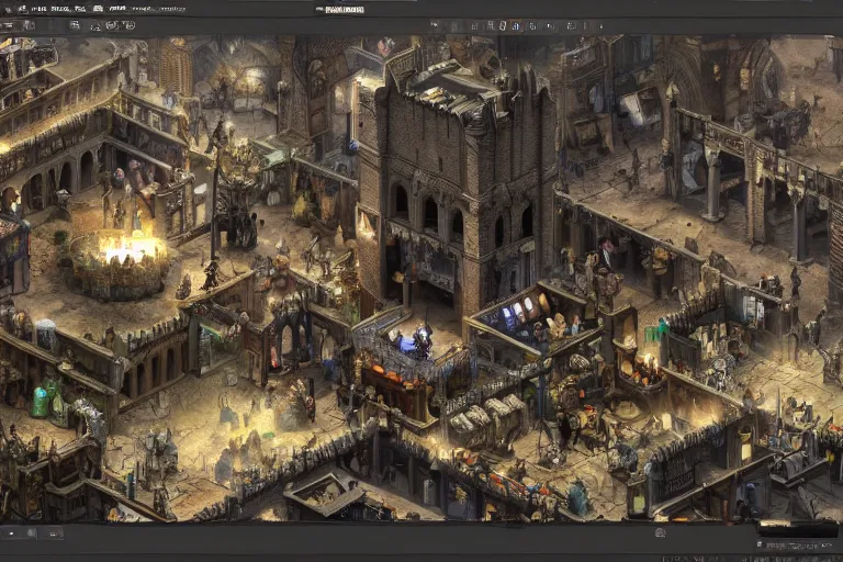 Image similar to an intricate matte painting of An epic stronghold crusader busy marketplace screenshot, highly detailed iridescent dimly lit exterior with shafts of iridescent light bouncing off magical realms, by Sandra Chevrier, trending on artstation
