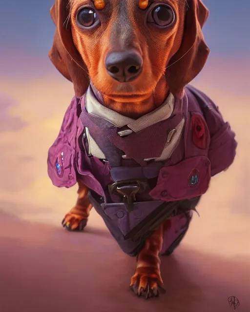 Image similar to highly detailed surreal vfx portrait of a nowpunk dachshund, stephen bliss, unreal engine, greg rutkowski, loish, rhads, beeple, makoto shinkai and lois van baarle, ilya kuvshinov, rossdraws, tom bagshaw, alphonse mucha, global illumination, detailed and intricate environment