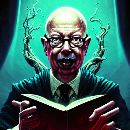 Image similar to uhd photorealistic dark scifi illustration of klaus schwab, reading necronomicon wearing bizarre voodoo makeup. cinematic lighting, intricate makeup, swirling ghosts, in the style of akira toriyama, beksisnski, amano and karol bak, evil, fantasy, hyperdetailed.