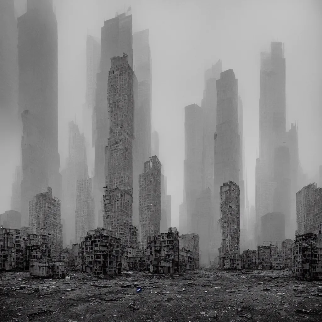 Prompt: skyscrapers made up of makeshift squatter shacks in an abandoned city, misty, dystopia, mamiya rb 6 7, fully frontal view, very detailed, photographed by ansel adams