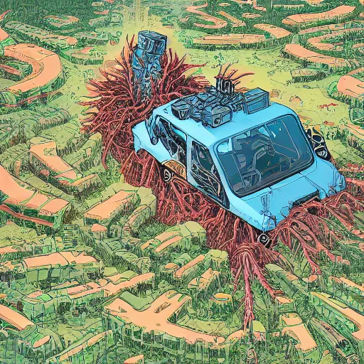 Prompt: hyper detailed comic illustration of a giant half buried robot head being reclaimed by nature , by Josan Gonzalez and Geof Darrow, isometric aerial view, highly detailed, 8k wallpaper