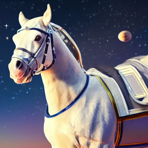 Image similar to horse wearing a space suit with helmet, floating in outer space, high tech saddle, highly detailed, stars in the background, nasa picture, 4 k, octane render, highly realistic photograph, full body shot