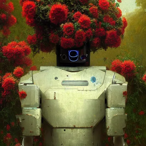 Image similar to a painting by thomas cole of a robot head with flowers growing out, highly detailed, color bleeding, pixel sorting, brushstrokes by jeremy mann