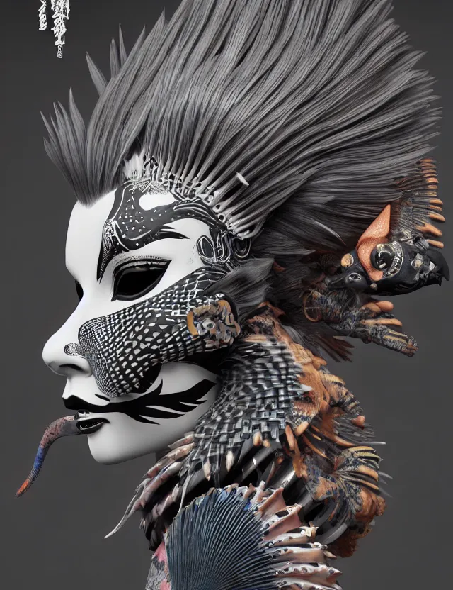 Image similar to 3 d goddess close - up profile simple portrait punk with mohawk with tiger skull. beautiful intricately detailed japanese crow kitsune mask and clasical japanese kimono. betta fish, jellyfish phoenix, bio luminescent, plasma, ice, water, wind, creature, artwork by tooth wu and wlop and beeple and greg rutkowski