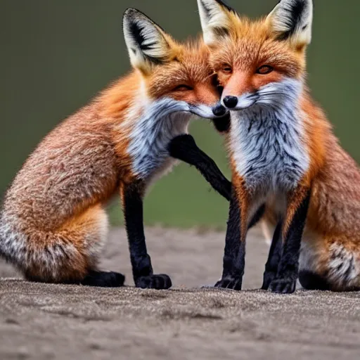 Prompt: Two foxes, hugging