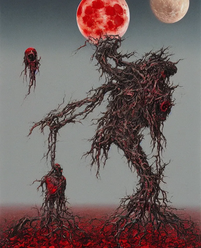 Image similar to moon made from thousands of rotten demonic bloody corpses of Nicolas Cage, body horror, flesh, blood, grotesque hell, highly detailed, red lightning, artstation, art by zdislav beksinski, wayne barlowe, phil hale