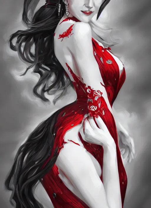 Prompt: a highly detailed illustration of beautiful long black hair white woman wearing a red dress, dramatic smile pose, intricate, elegant, highly detailed, centered, digital painting, artstation, concept art, smooth, sharp focus, league of legends concept art, WLOP