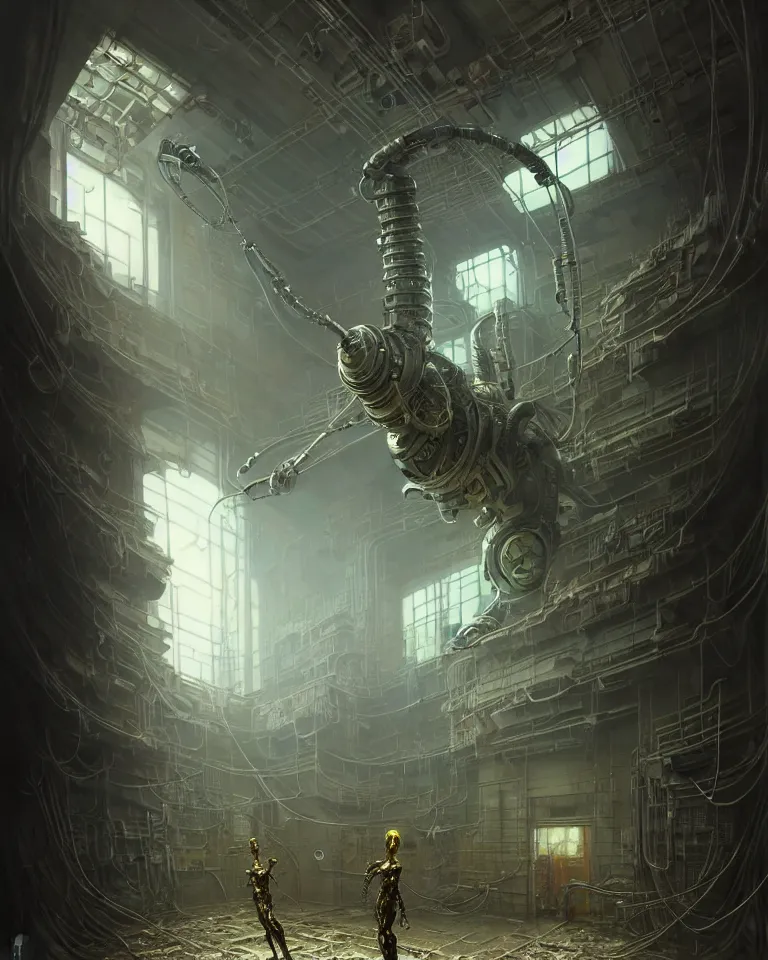 Image similar to low angle shot of a cyberpunk robot character inside a chernobyl room, intricate, elegant, highly detailed, centered, digital painting, artstation, concept art, smooth, sharp focus, illustration, artgerm, tomasz alen kopera, peter mohrbacher, donato giancola, joseph christian leyendecker, wlop, boris vallejo