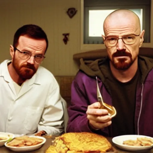 Image similar to walter white and jesse pinkman eating hamburger