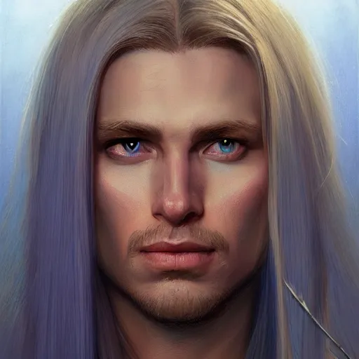 Image similar to 2 7 year old male with blue eyes and long straight blonde hair no beard with feminine features as a fantasy d & d character, closeup portrait art by donato giancola and greg rutkowski, face, digital art, trending on artstation, symmetry!!