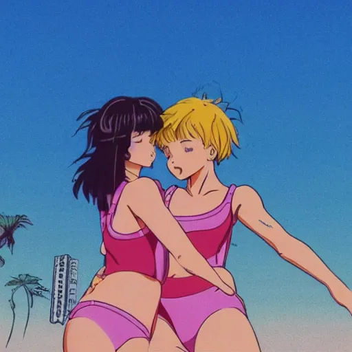 Image similar to two girls in swimsuits at the beach hugging, sprite, vaporwave nostalgia, directed by beat takeshi, visual novel cg, 8 0 s anime vibe, kimagure orange road, maison ikkoku, sketch by osamu tezuka, directed by makoto shinkai and beat takeshi