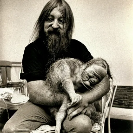 Image similar to robert wyatt cradling a hairy goblin like a baby, heartwarming photograph