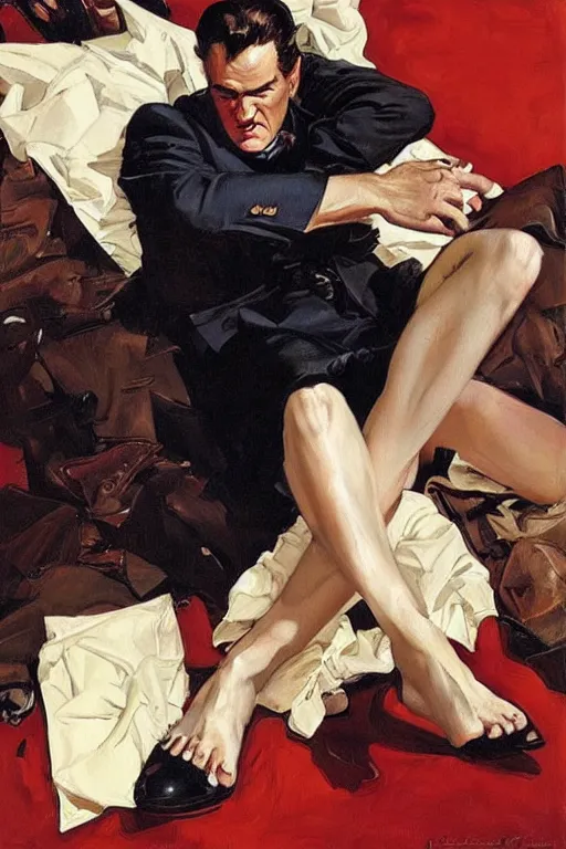 Prompt: tarantino caressing feet,'bare feet '!!!! painting by jc leyendecker!! phil hale!, angular, brush strokes, painterly, vintage, crisp