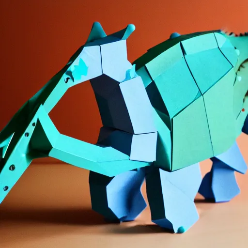 Prompt: a toy stegosaur, built using cardboard, dslr, soft lighting