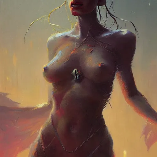 Image similar to a hyperrealistic acrylic painting of a beautiful alien priestess by Greg Rutkowski and WLOP.