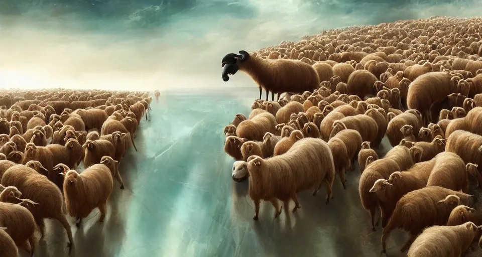 Image similar to The great migration of sheep on a huge shit collapsed in the form of an O'Neill cylinder in orbit of a capybara, rectilinear, barometric projection, dutch angle from space view, concept art, high detail, intimidating, deep rich colors, iridescent radiance, epic scale ultrawide angle, stunning, epic, cinematic, Artstation trending, octane render, hyperrealistic, Cryengine 8k UHD