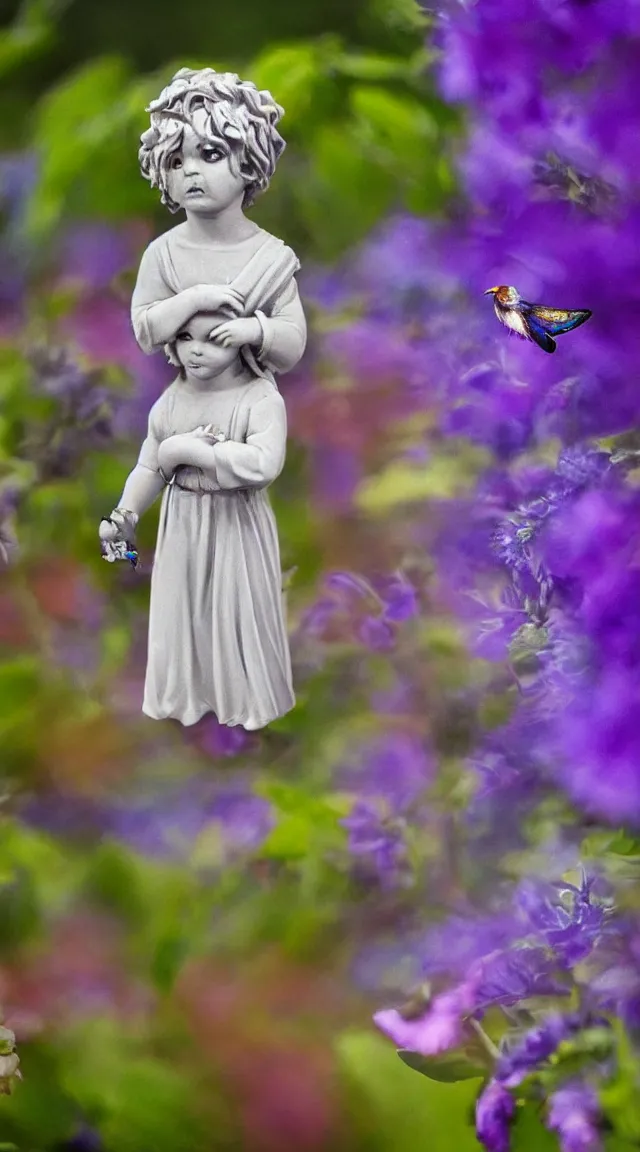 Image similar to tiny biblical angel in a garden, hyper detailed, sharp focus, bokeh, unreal engine, ray tracing, cute, fantasy, sci fi, purple flowers, blue flowers, violet flowers, glowing flowers, tiny, small, hyper realistic, sky, spinning rings with eyes, many eyes, rings of fire, biblical