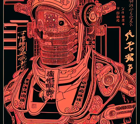 Prompt: futuristic japanese cyberpunk silk screen by utagawa yoshiiku, ohara koson, pixiv contest winner, cyberpunk style, cyberpunk color scheme, mechanical, robotic, human machine interface, high resolution, hd, 4 k