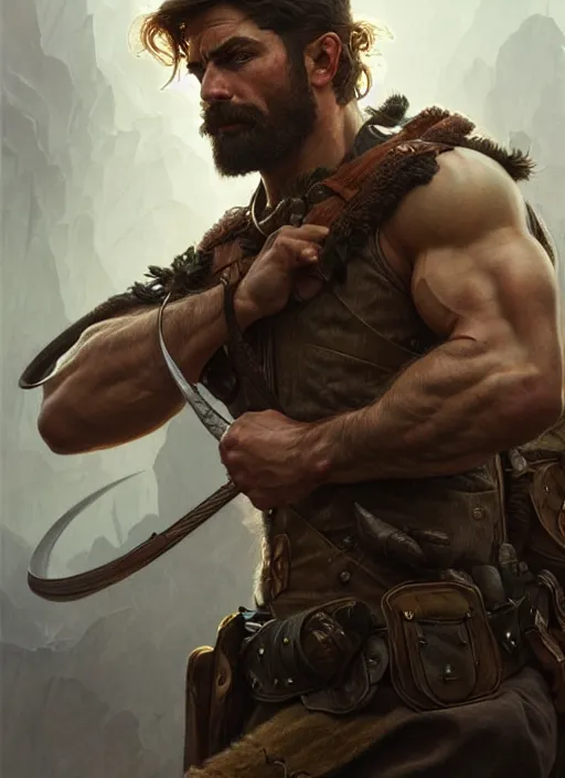 Image similar to Portrait of rugged male ranger, D&D, muscular, fantasy, intricate, elegant, highly detailed, digital painting, artstation, concept art, smooth, sharp focus, illustration, art by artgerm and greg rutkowski and alphonse mucha