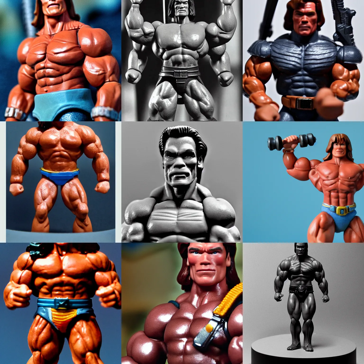 Prompt: Arnold Schwarzenegger as Conan mini figure, Similar to He-Man action figure muscles, high detail photograph, 35mm