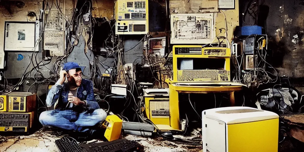 Prompt: typical cryptocurrency nerd, sitting in front of old 9 0's computer, yellow bitcoin posters on walls, shilling, crt tubes, cables everywhere, damp basement decay fat and dirty, scruffy looking, claustrophobia, humidity mold, award - winning photomanipulation