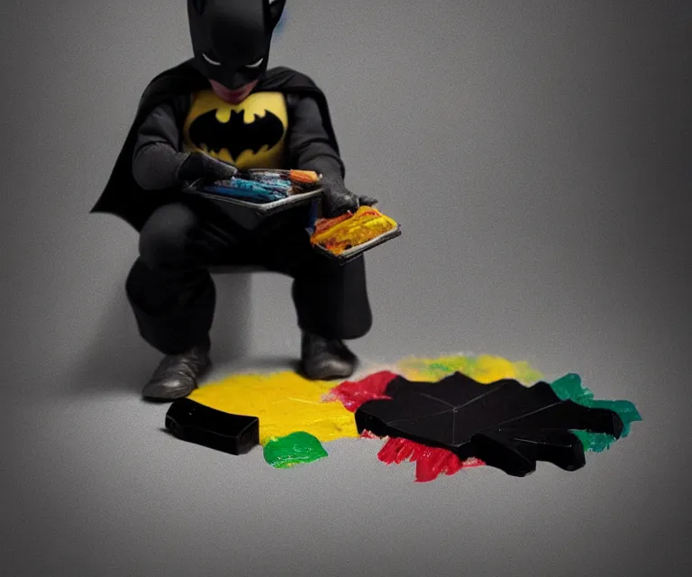 Prompt: “ sad batman, eating crayons from the box, small hands, simple, hyperrealism, photorealistic, hyperrealism, highly detailed, octane render, 8 k, high def ”