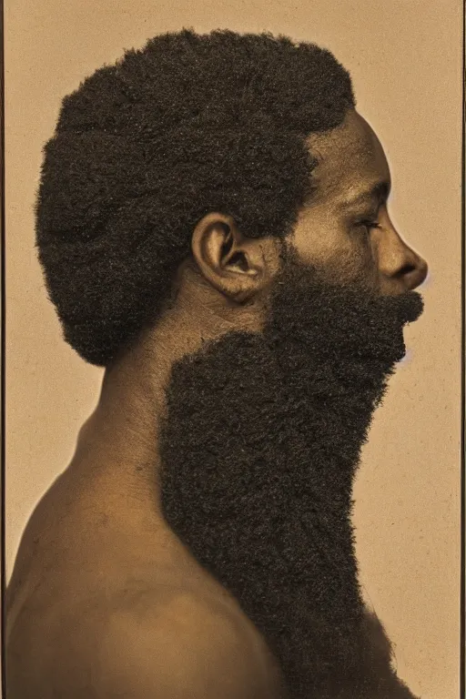 Image similar to an African American man's face in profile, long beard, made of flowers and fruit, in the style of the Dutch masters and Gregory crewdson, dark and moody